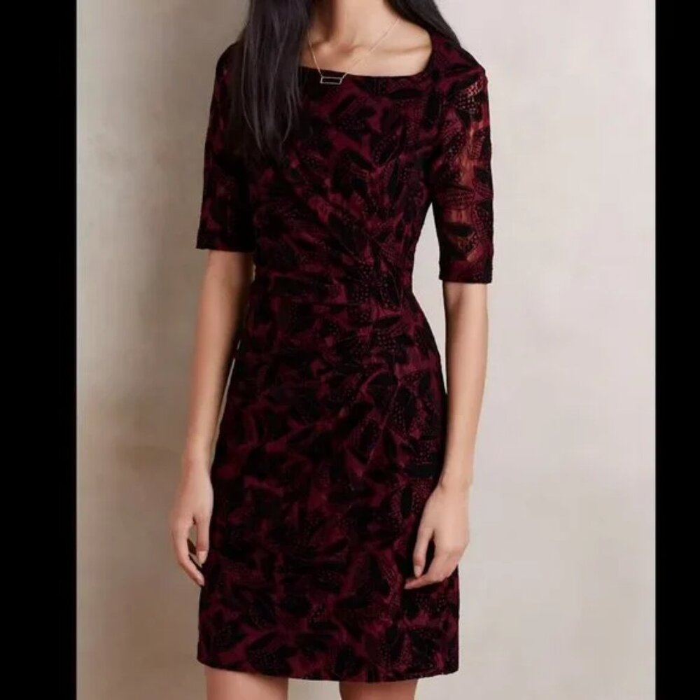 Anthropologie Maeve Wine Red Black Lace Holiday Christmas Party Sheath Dress M 8